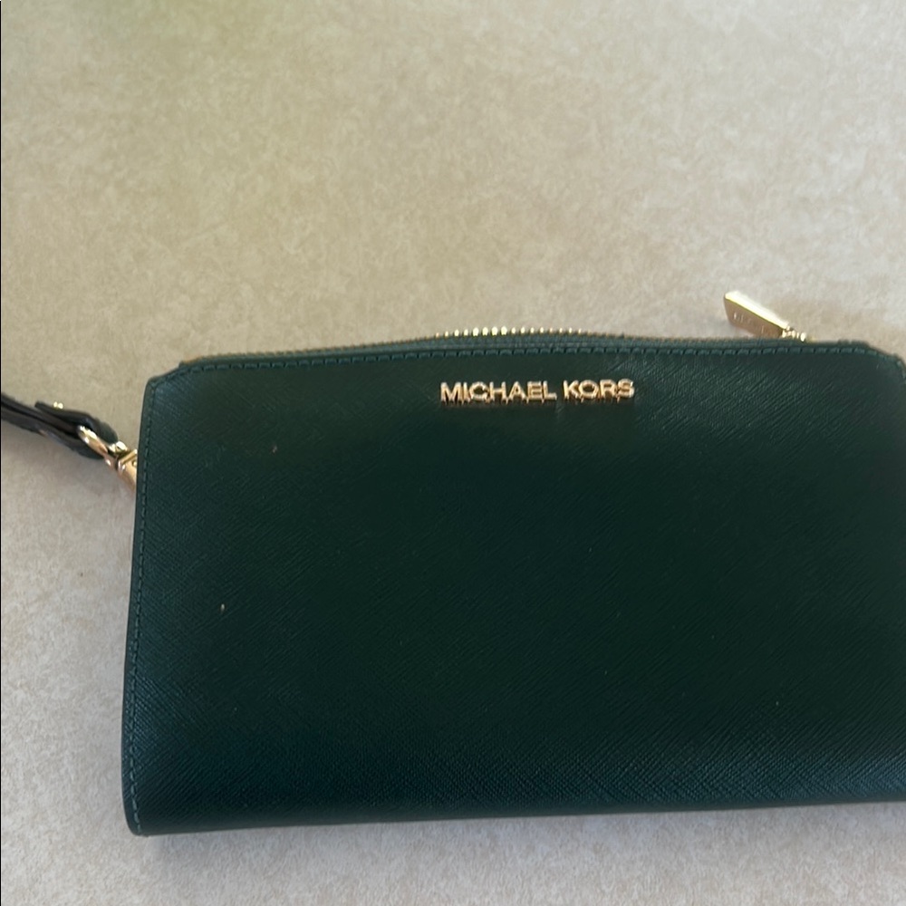 Michael Kors Forest Green Wristlet with Gold Accents